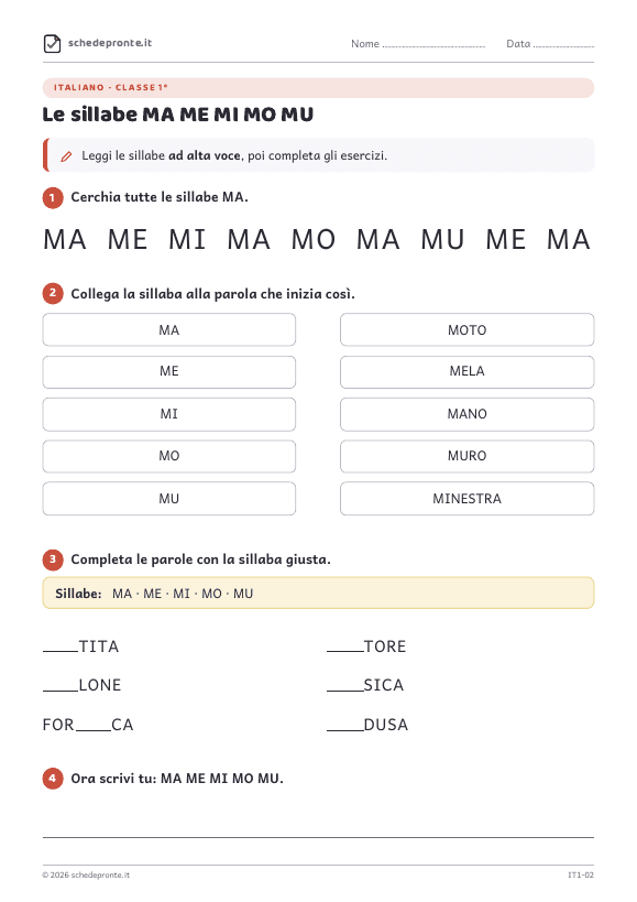 Anteprima scheda sulle sillabe
