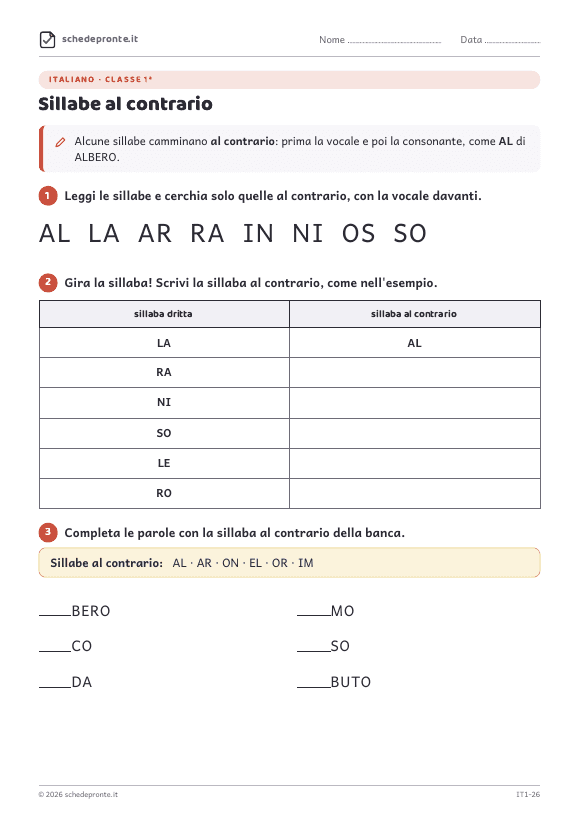 Anteprima della scheda Sillabe al contrario