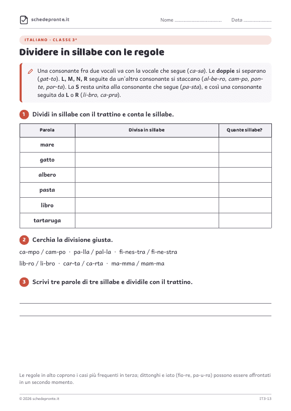 Anteprima della scheda Dividere in sillabe con le regole
