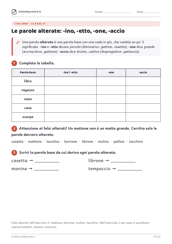 Anteprima della scheda Le parole alterate: -ino, -etto, -one, -accio