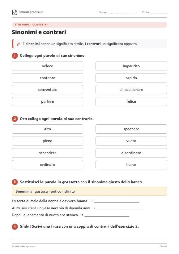 Anteprima della scheda Sinonimi e contrari