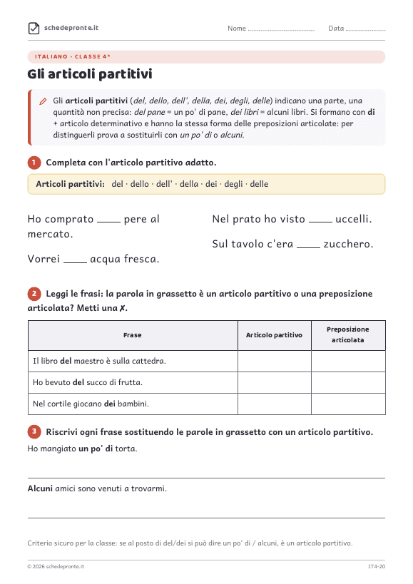 Anteprima della scheda Gli articoli partitivi