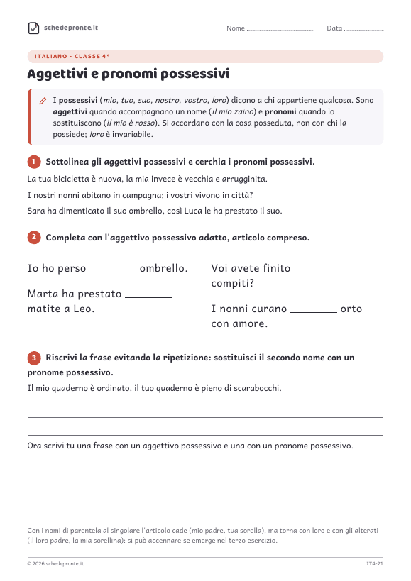 Anteprima della scheda Aggettivi e pronomi possessivi