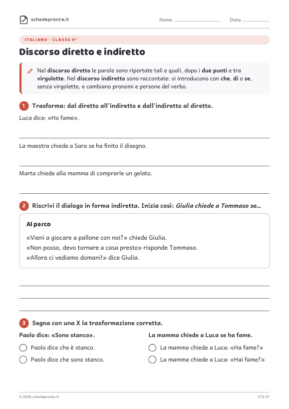 Anteprima della scheda Discorso diretto e indiretto