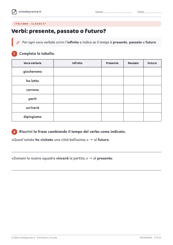 Anteprima della scheda Verbi: presente, passato o futuro?