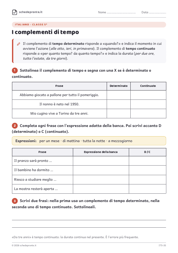 Anteprima della scheda I complementi di tempo