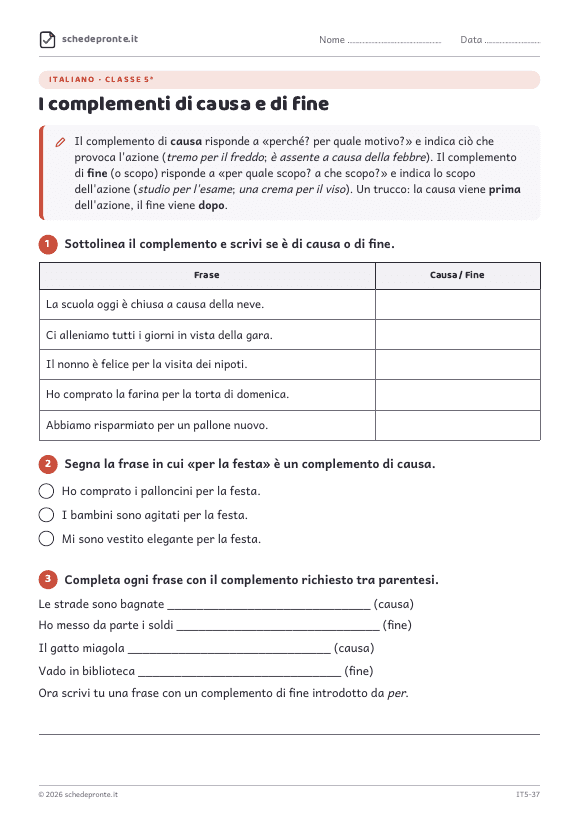 Anteprima della scheda I complementi di causa e di fine