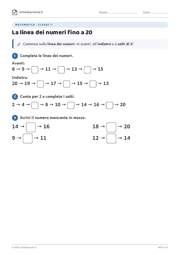 Anteprima della scheda La linea dei numeri fino a 20