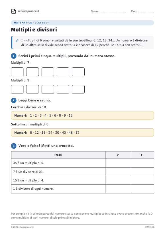 Anteprima della scheda Multipli e divisori
