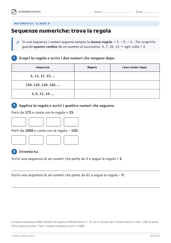 Anteprima della scheda Sequenze numeriche: trova la regola