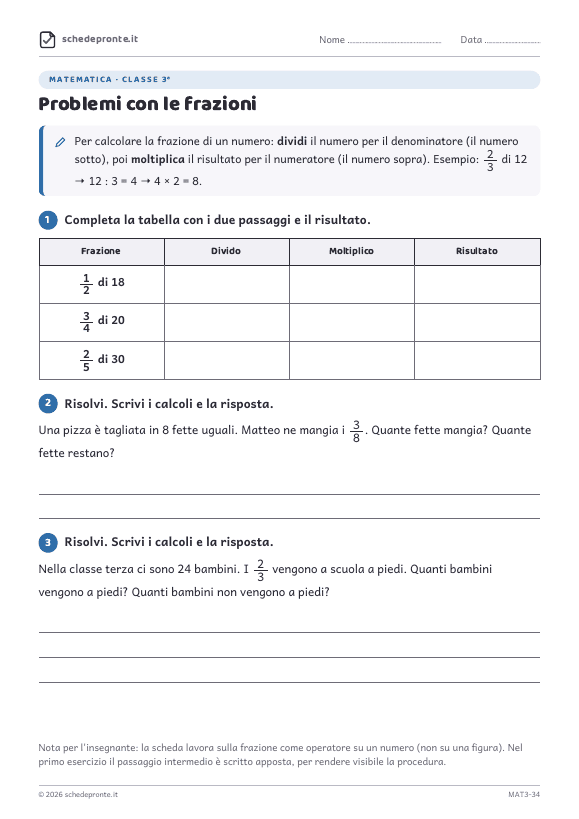 Anteprima della scheda Problemi con le frazioni