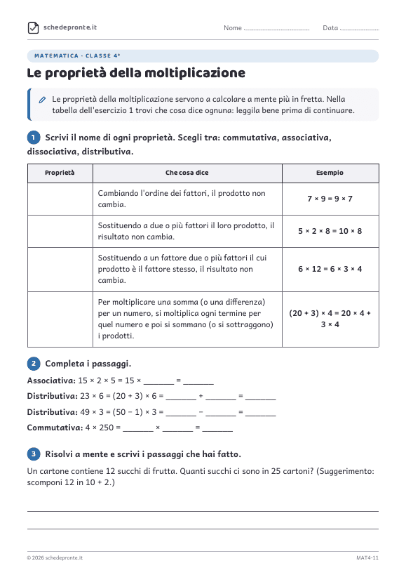 Anteprima della scheda Le proprietà della moltiplicazione