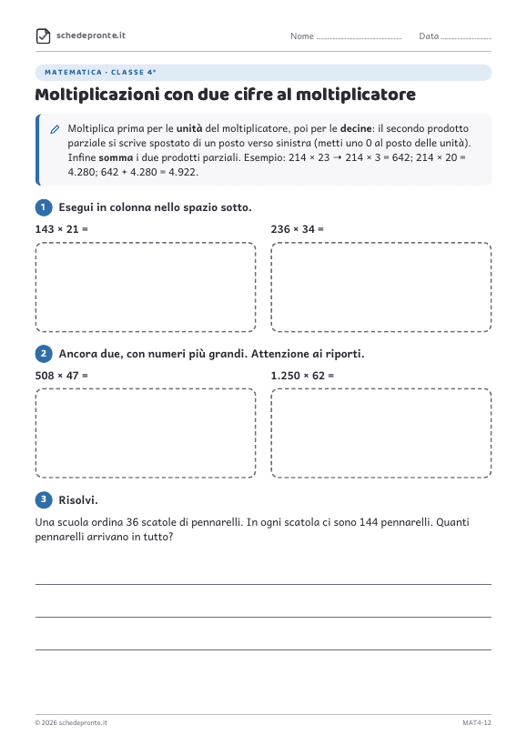 Anteprima della scheda Moltiplicazioni con due cifre al moltiplicatore