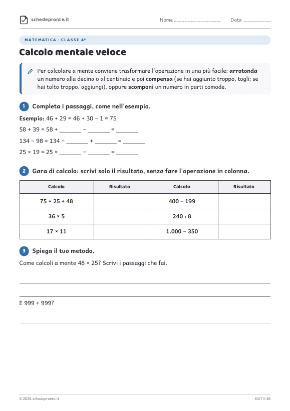 Anteprima della scheda Calcolo mentale veloce