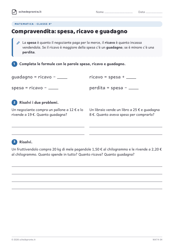 Anteprima della scheda Compravendita: spesa, ricavo e guadagno