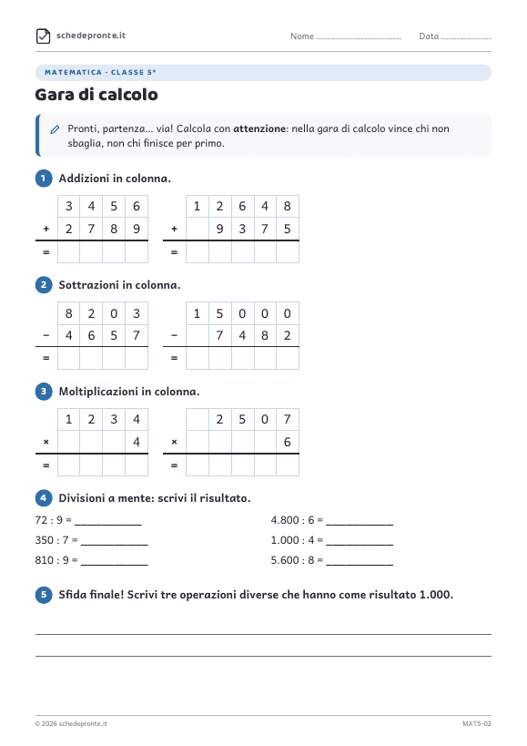 Anteprima della scheda Gara di calcolo