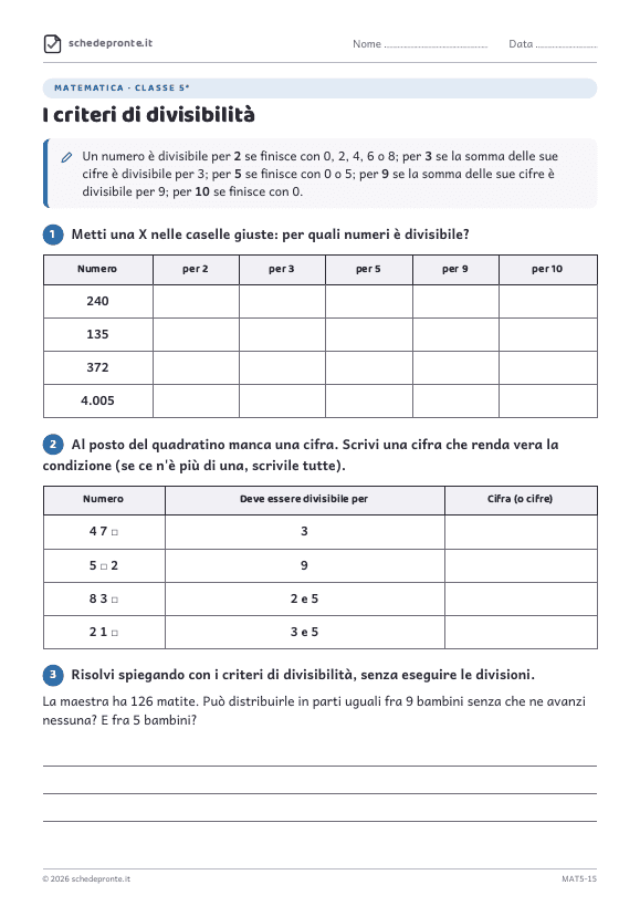 Anteprima della scheda I criteri di divisibilità