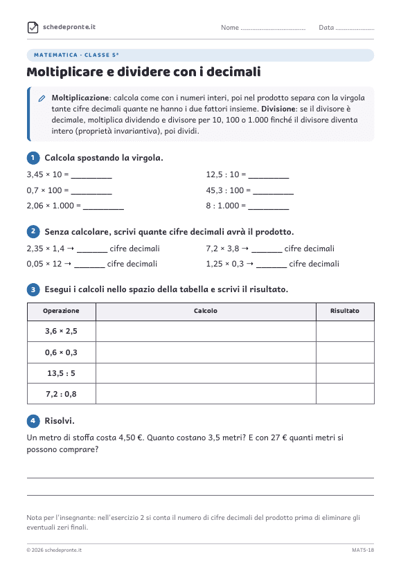 Anteprima della scheda Moltiplicare e dividere con i decimali