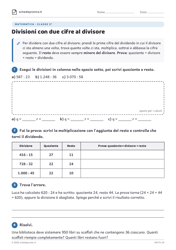 Anteprima della scheda Divisioni con due cifre al divisore