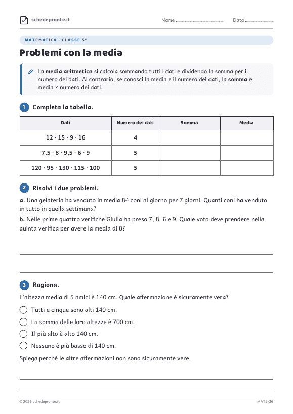 Anteprima della scheda Problemi con la media