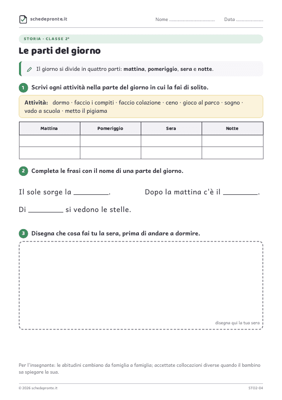 Anteprima della scheda Le parti del giorno