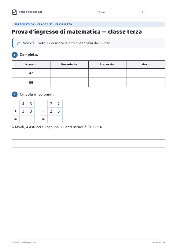 Anteprima della scheda Prova d'ingresso di matematica — classe terza